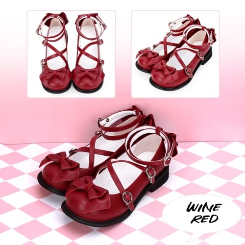 BEROBELLO Sweet Lolita Kawaii Mary Jane Cosplay Party Shoes, Bow Detail, Cross Straps, Low Heel3