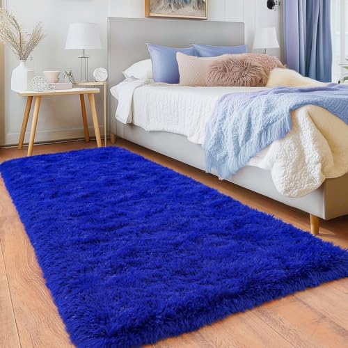 Runner Rugs for Bedroom, 2x6 Fluffy Throw Area Rug Non Slip for Bedside Dorm Hallways, Long Soft Shag Carpet for Nursery Living Room, Royal Blue