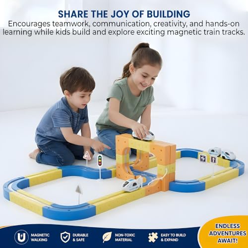 Image of Cable World Magnetic Adventure Train Track Set for Kids, 107 PCS DIY Magnetic Suspended Orbit Racing Track with 1 USB Rechargeable Magnetic Train, Wall Climbing Suction Track for Kids 3+