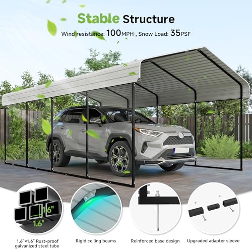 Image of Real Relax 12x20ft Metal Carport, Heavy Duty Garage Outdoor Galvanized Car Shelter Canopy with Metal Frame for Car, Boats and Truck, Cream White