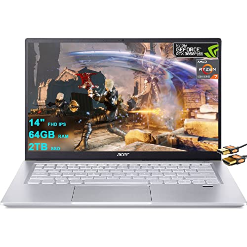 Acer Swift X 14 Gaming Laptop 14' FHD IPS ComfyView Display AMD Ryzen 5000 Series Octa-core Ryzen 7 5800U 64GB RAM 2TB SSD GeForce RTX 3050 Ti 4GB Graphic Fingerprint Backlit Win10 + HDMI Cable