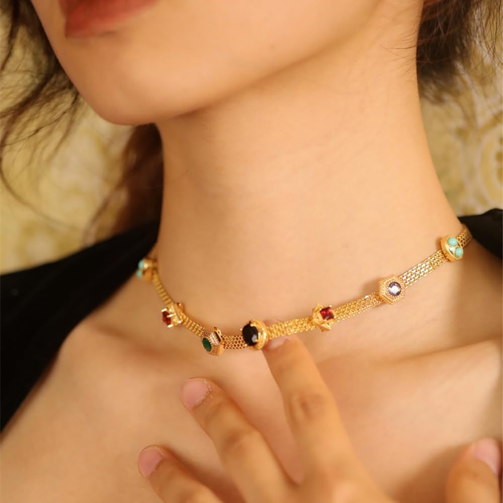Tilda Necklace Set | 24k Gold Plated, Adjustable Multicolor Stone Collarbone Necklace,Vintage Style Necklace Set,Gold Colorful Gemstone Necklace for Women