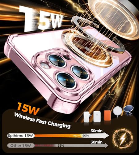 Image of Soft Case for iPhone 13 Pro with 360 Rotating Magnetic Stand, Compatible with Mag-Safe, 4X MIL-Drop Protection, Lightweight Glossy Anti-Yellowing Clear Back Phone Cover for iPhone 13 Pro 6.1 inch, Pink