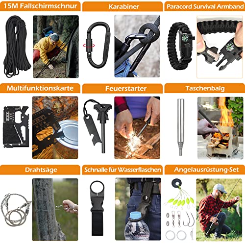 Kit de Supervivencia de Emergencia al Aire Libre con botiquín de Primeros Auxilios, WayinTop Equipo de Supervivencia con Hacha Multi-Herramienta, Pala Plegable, brújula Manta de Rescate (Negro) - imagen 7