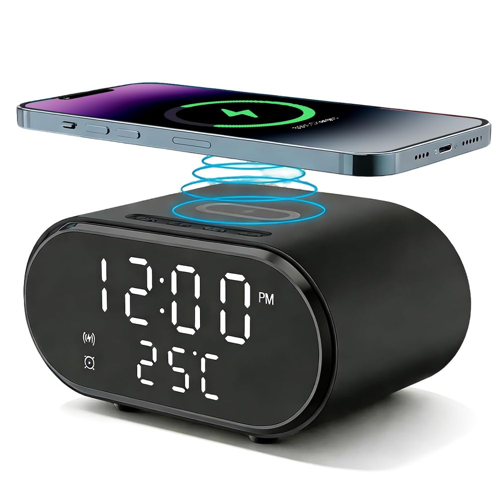 BIZOI 3-in-1 Wireless Charging Alarm Clock, Bedside Digital Alarm Clock with 15W Fast Wireless Charger, Smart Clock with Charging Station and Digital LED Display USB-C Cable for Bedroom Office Dorm