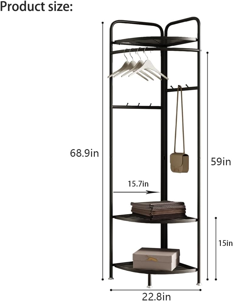 corner coat rack,corner clothing rack with 6 hooks and storage shelf,metal clothes rack coat stand for Entryway, Bedroom