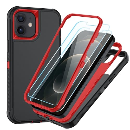 Image of SunStory Compatible with iPhone 12 /12 Pro Case with HD Screen Protector, 3-Layer Heavy Duty Full-Body Cover,3 in 1 Hybrid Protective Case for iPhone 12 /12 Pro 6.1 inch,BlackRed