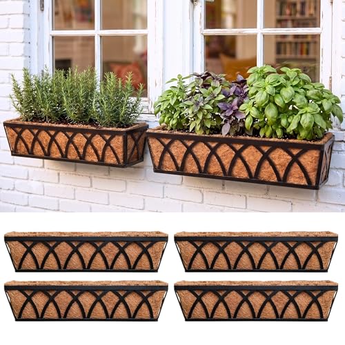 LáLáGreen Jardineras para Barandilla 4 Pack, 76 cm, Cajas Grandes para Plantas de Exterior con Forro de Coco, Maceteros de Metal para Balcón, Valla, Terraza y Patio