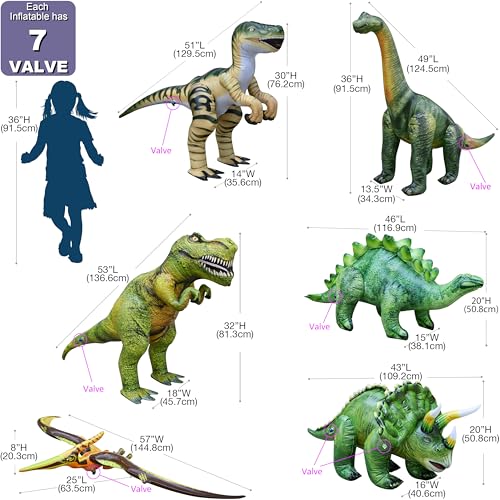 Jet Creations Dinosaur Inflatable 6-Pack – T-Rex, Brachiosaurus, Triceratops, Stegosaurus, Raptor & Pteranodon, 43"+ Jurassic Yard Decorations, Outdoor Holiday Decor & Photo Props for Kids