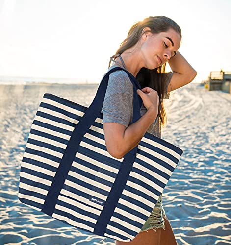 Bajnokou Large Beach Bag Waterproof Sandproof For Women Foldable With Zipper Pockets Pool Swim Beach Big Totes Bags Travel Navy Blue Stripe #TOP1
