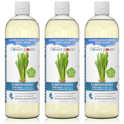 Image of Natural Flower Power Liquid Dish Soap - Lemongrass - Plant-Based & Scented w / Pure Essential Oils - Natural Liquid Dishwashing Detergent - Sulfate-Free Gentle Kitchen Soap - Vegan (16 Fl Oz 3 Pack)