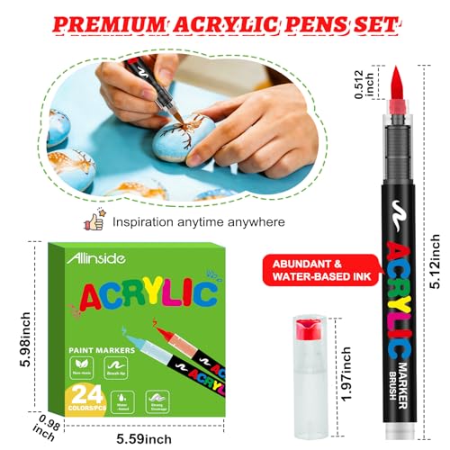 Image of Allinside Acrylic Paint Markers, 24 Colors Soft Brush Tip Paint Pens, Waterproof Quick Dry Acrylic Markers for Rock Painting Wood Canvas Glass Fabric Stone Egg DIY Art Crafts Supplies