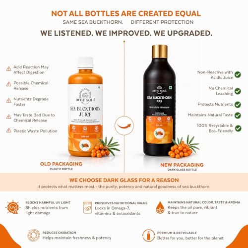 Image of Sea Buckthorn Juice Pack of 3 (425ml Each) | Natural Wellness Drink with Vitamin C, Omega 3 6 7 9 & Antioxidants | Sea Buckthorn Ras for Immunity Support, Skin & Hair Wellness, Energy & Digestion | Dark Glass Bottle | No Added Sugar
