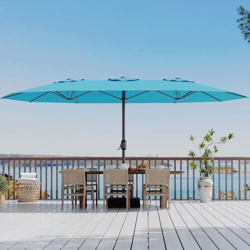 15FT Rectangular Patio Umbrella with Base Included - Large Patio Umbrella with Crank Handle, UV Protection for Outdoor Market, Backyard, Pool - Turquois