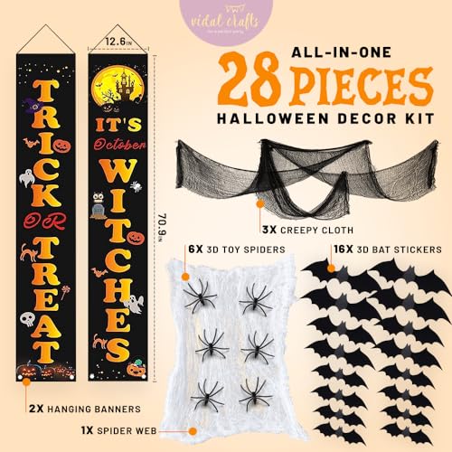 28 PCS Halloween Outdoor & Indoor Decor Set - Porch and Door Decorations Containing Banners, 3D Bats, Creepy Cloth, and More