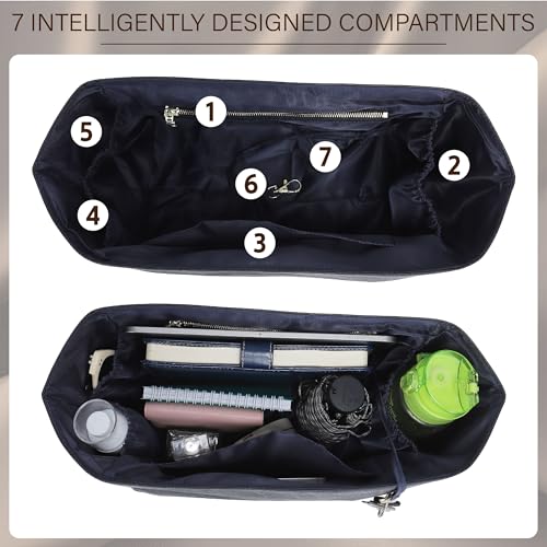 Image of Doxo Purse Organizer Insert for Longchamp Le Pliage Medium, 6-Compartment Bag Organizer with YKK Zipper Pocket, Cup Holder, Key Chain, Waterproof DupontPaper Lightweight Handbag Shaper (Black Blue,M)