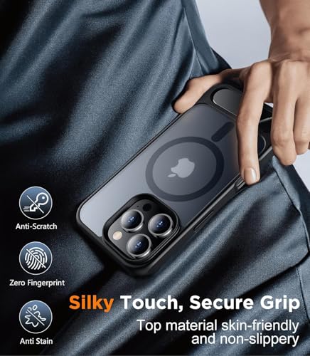 Image of Elzzi Magnetic Cover Compatible For iPhone 16 Pro Case with Adjustable Metal Kickstand, Compatible with Mag-Safe Translucent Matte Protective Phone Shockproof Case, Black