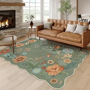 Lahome Floral Living Room Rugs, Area Rugs 5×7 Rug for Bedroom Ultra-Thin Soft Rug, Non-Slip Washable Rugs Stain Resistant Boho Low-Pile Throw Carpet for âDining Room Office (5x7ft,Green)