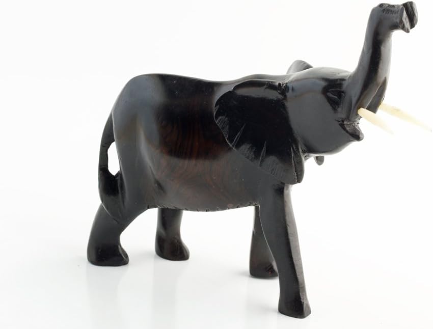 Maisha Fair Trade Hand Carved Ebony Wood Decorative Elephant with Up-cycled Camel Bone Tusks