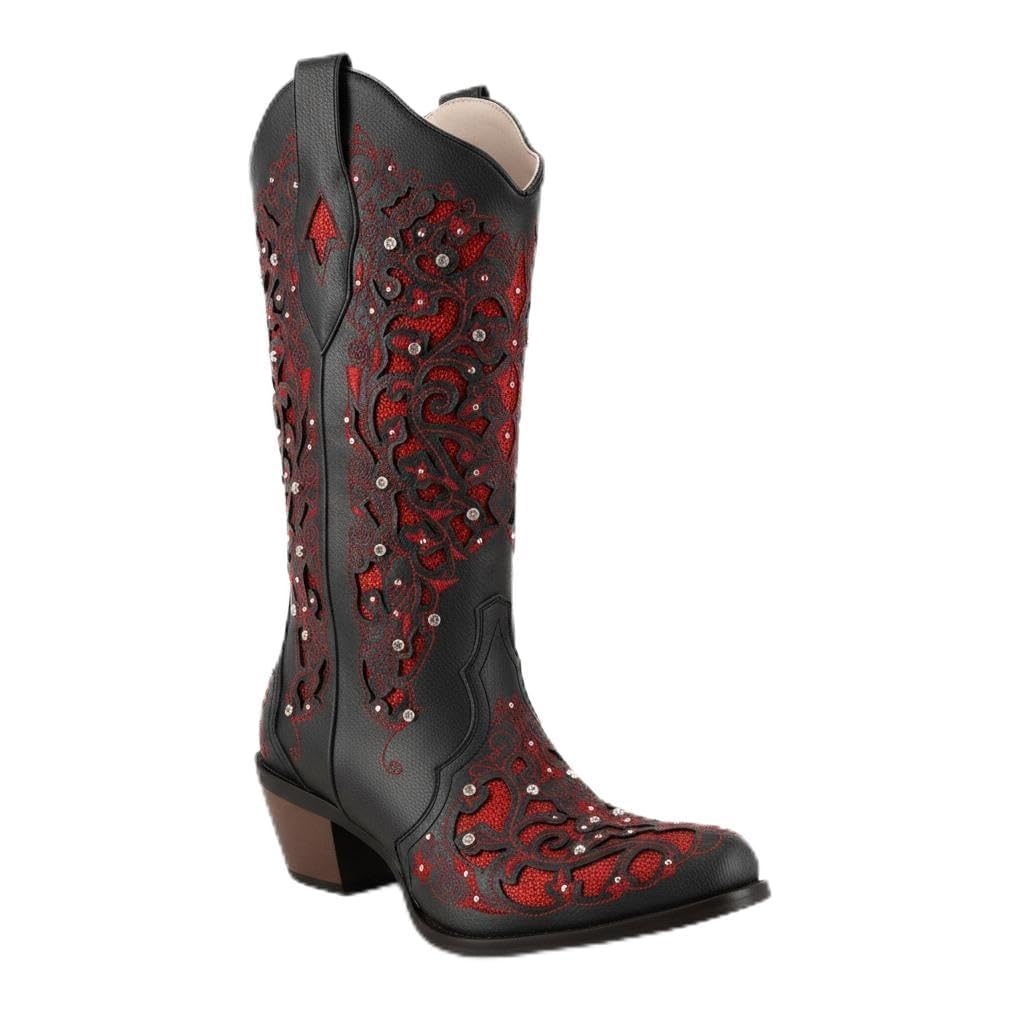 heelchic Womens Western Boots - Genuine Leather Floral Design Mid-Calf Slip-On Low Block Heel Comfortable