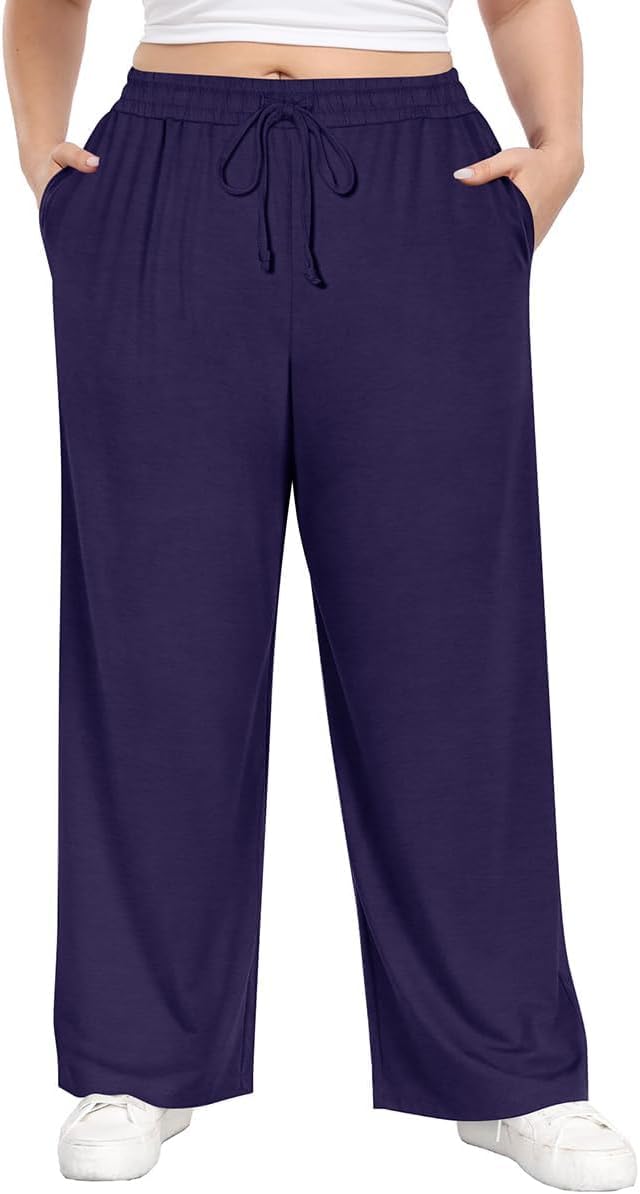 TIYOMI Plus Size Wide Leg Sweatpants for Women Drawstring Elastic Yoga Pants with Pockets XL-5XL Navy Blue 3X-Large