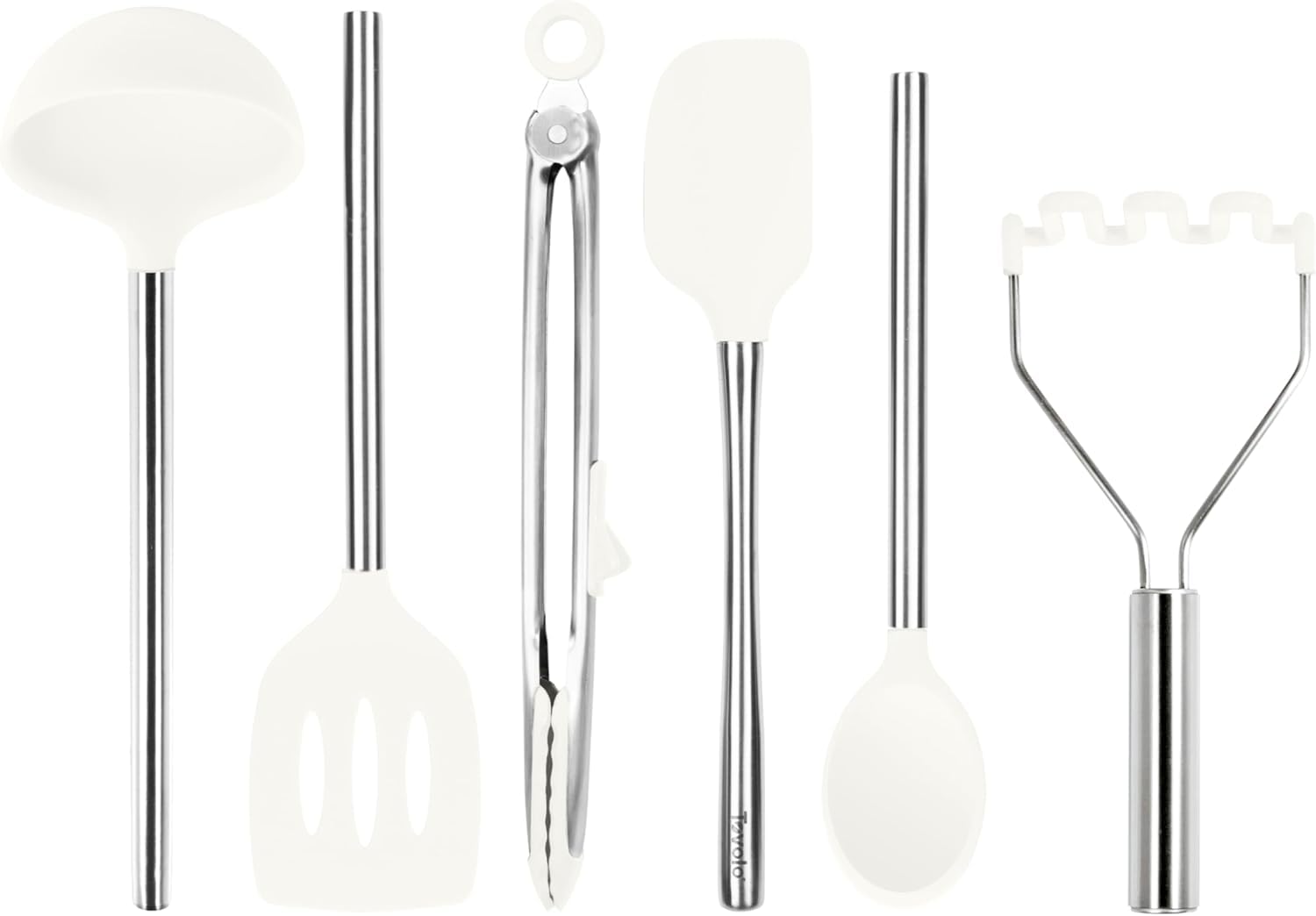 Tovolo Silicone Cooking Utensil Set of 6 Stainless Steel Handle Ladle Slotted Turner Tongs Flex Core Spatula Scraper Mixing Spoon &amp; Potato Masher, Dishwasher Safe BPA Free Utensils, White