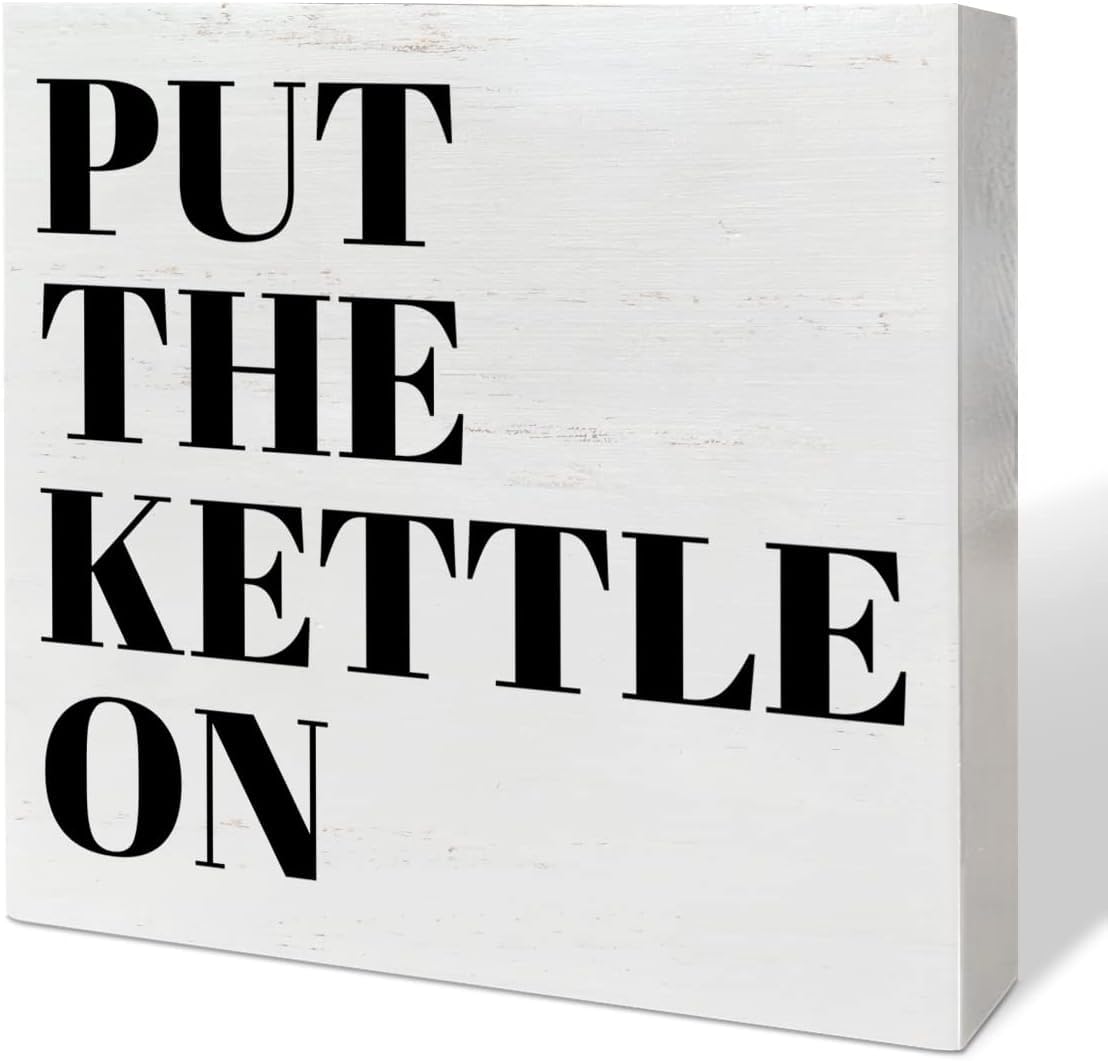 Pibonto Women's Desk Decor 7X7 Inch Kitchen Table Decor Wooden Box Sign, Kitchen Decor For Counter Dining Room Table Cabinet Decoration, Kitchen Gifts For Mom Men, Put The Kettle On