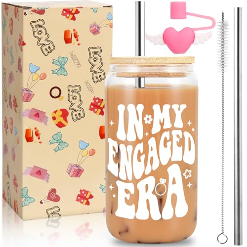 Ninivi 16oz Glasbecher mit Deckel, Strohhalmen & Strohhalm-Schutz – Hochzeitsgeschenk, Brautgeschenk, Verlobungsgeschenk, Junggesellinnenabschied Geschenk