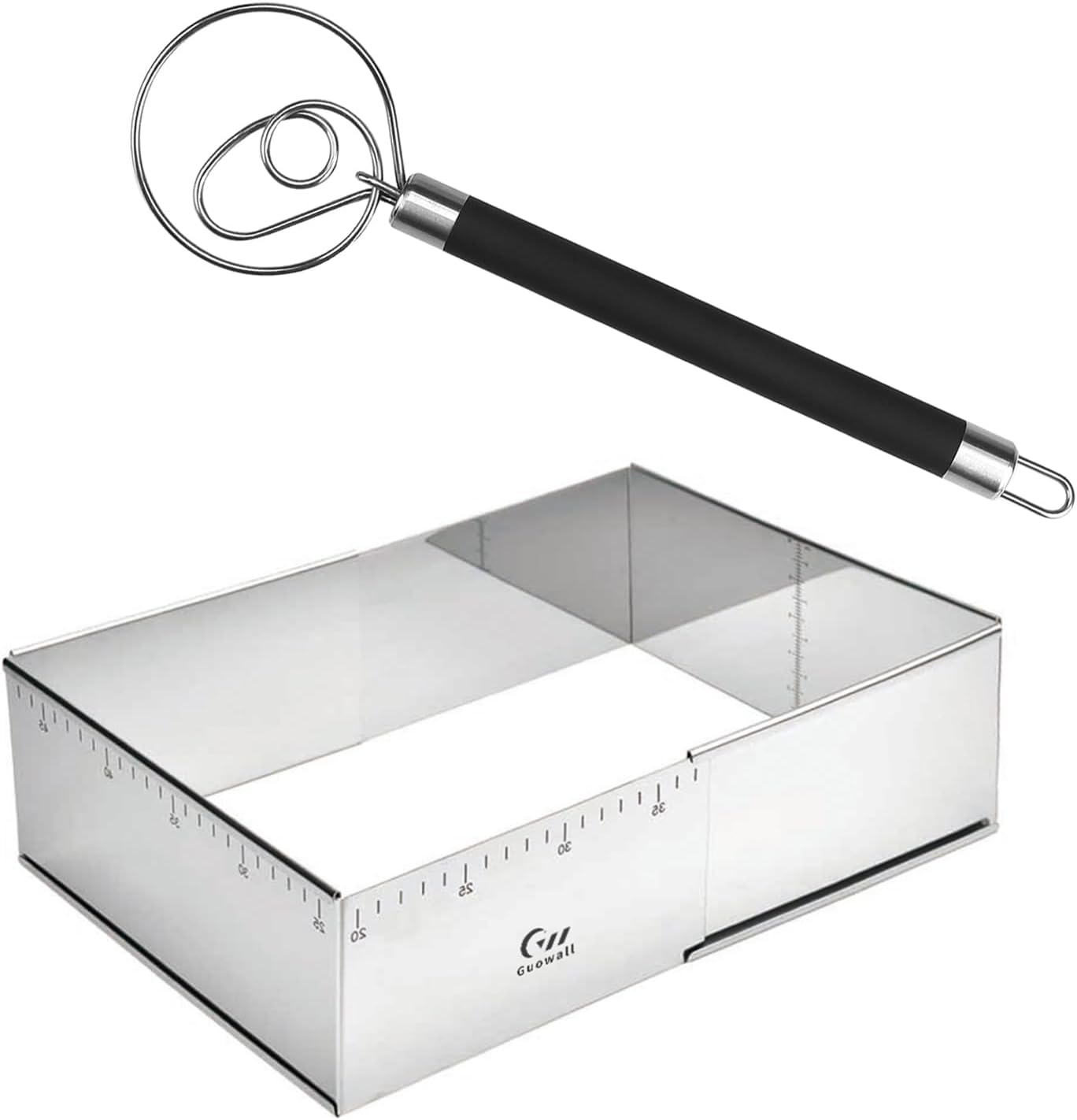 Guowall Adjustable Rectangle Cake Ring Mold and Anti-slip Handle Dough Whisk set Stainless Steel