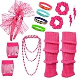 80s 90s Costumes Accessories for Women Men 1980s Neon Headband Earrings Fishnet Gloves Necklace Silicone Bracelet Scrunchies Leg Warmers Party Outfit Set