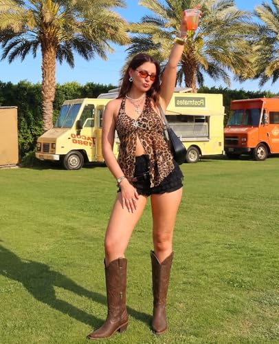 Image of Pasuot Western Cowboy Boots for Women - Knee High Wide Calf Cowgirl Boots, Slip On Pointed Toe Chunky Heel Fashion Retro Classic Pull On Tall Boot for ladies Party concert