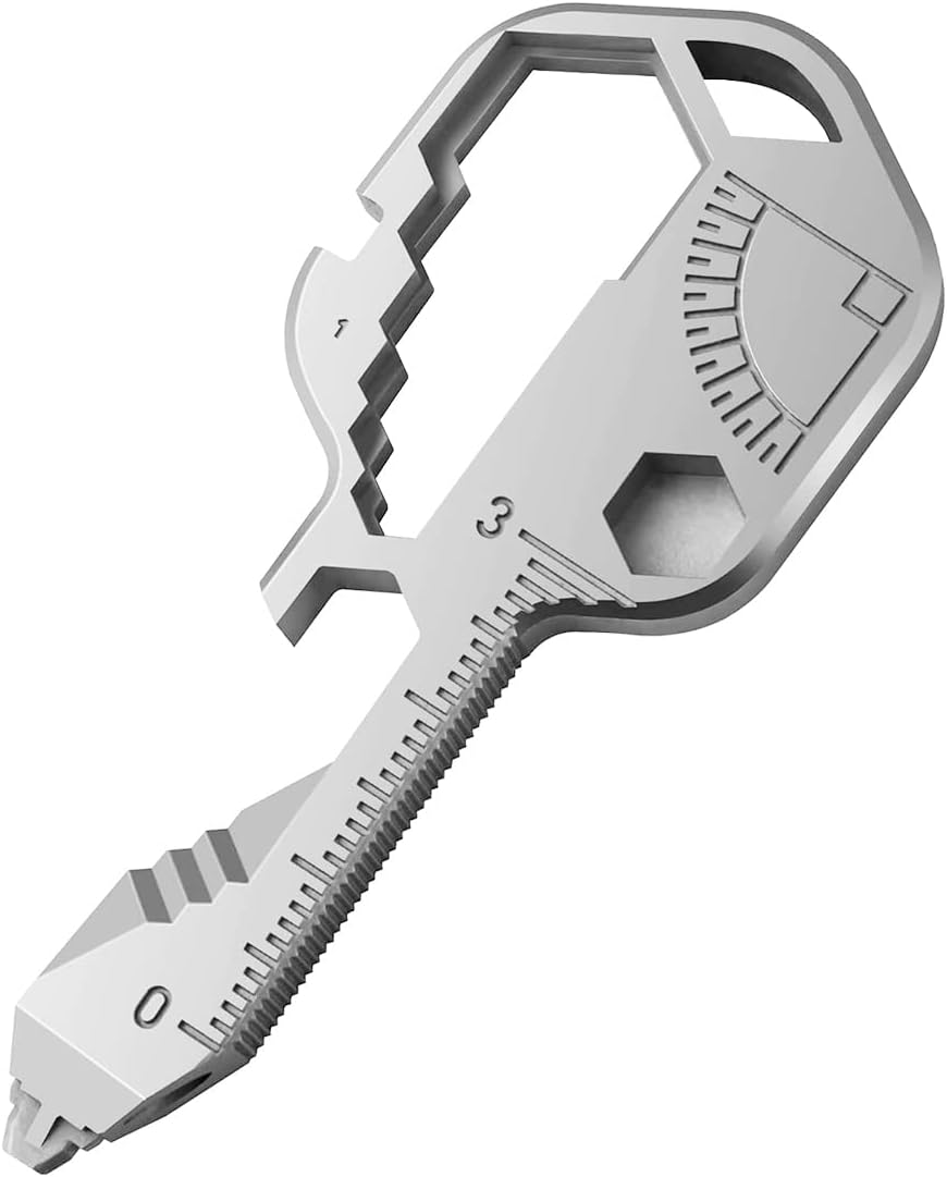 Key Multitool with Key Chain, 24- in-1 Key Shaped Pocket Tool for Screwdriver, file, Bottle Opener, Drill Drive, Ruler, Wrench, etc - - 