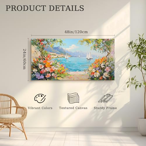 crmotu Coastal Wall Art, Flower Pictures Wall Decor, Large Landscape Wall Art, Ocean Sailboat Artwork for Walls, Seaside Canvas Painting for Living Room Bedroom Modern Office Art Prints 24x48inch