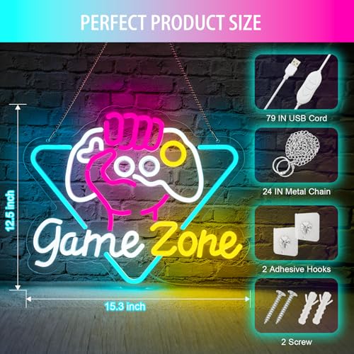 Image of Basaneon Game Zone Neon Sign Dimmable Gamer Neon Signs Gaming Led Signs for Game Room, USB Powered Colorful Neon Gaming Signs for Boys Room, Teen Room, Gifts for Gamer(15.3 inchx12.5 inch)