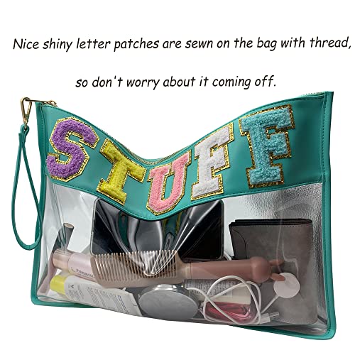 Image of Chenille Letter Clear Bag Purse Multi-purpose Transparent Waterproof Snacks Makeup Tote Bag with Wrist Strap