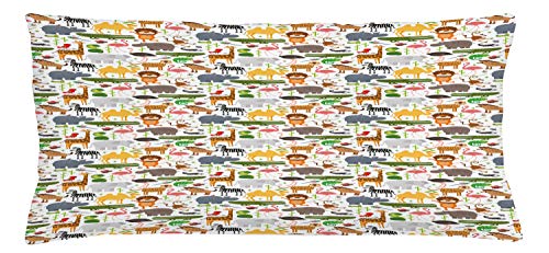 Lunarable Savannah Throw Pillow Cushion Cover, Cartoon Style Animal Pattern Savannah Themed Lions Tigers Flamingos Funny Print, Decorative Square Accent Pillow Case, 36