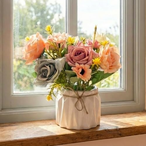 Image of Dekorly Artificial Lavender Plant in White Pot, 18cm - Realistic Faux Flower Arrangement for Home & Office Decor (Set of 1) (1, Rose)