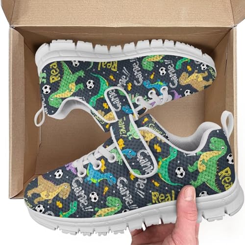Little Kid Boys Girls Shoes Lightweight Mesh Breathable Adorable Running Sneakers for Little Kid and Big Kid White Sole Dinosaur Soccer Pattern2
