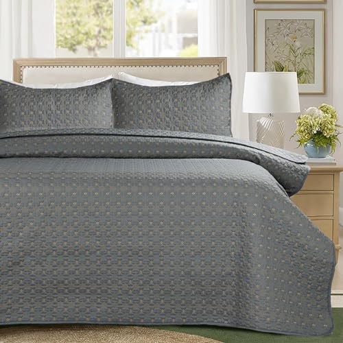 Image of SANMARINO Solid 100% Cotton Multi-Needle Quilted Ultrasonic Bedcover Set - 280 TC, Soft & Lightweight, King Size /Double (90x100 in /228x254 cm), Coverlet with 2 Pillow Cases, Color-Dark Gray