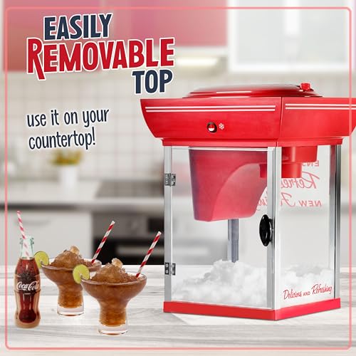 Image of Nostalgia Coca-Cola 48-Inch Tall Snow Cone Cart, Makes 48 Icy Treats, Includes Metal Scoop, Storage Compartment, Wheels For Easy Mobility - Coke Red