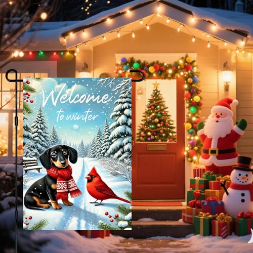 Image of BlissYard Winter Garden Flag Dachshund Cardinal Welcome 12 x 18 Inch