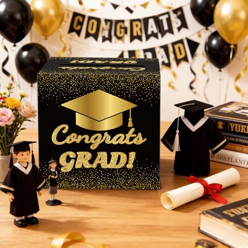 Image of Graduation Card Box 2026 Graduation Party Decorations Congrats Grad Card Boxes Holder for Graduation Gift Graduation Party Favors Decor Party Supplies - Black gold