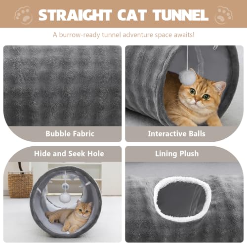 Image of Straight Bubble Cat Tunnel for Indoor Cats 47 inchx12 inch, Grey | Cute Cat Toys, Collapsible Tunnel Tube with Hanging Balls for Puppy Kitten Rabbit