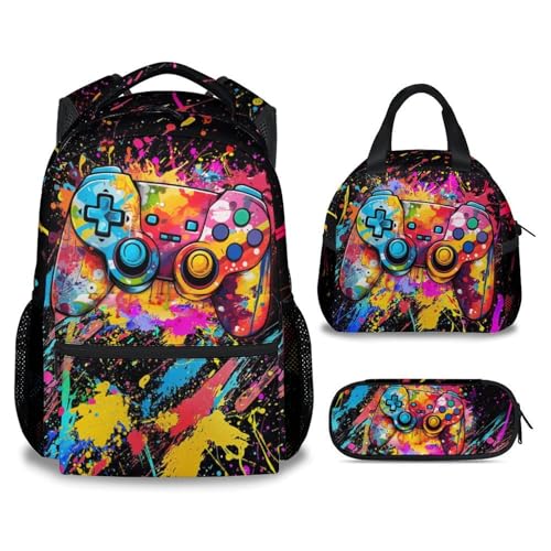 PoshWrap Backpack for Boys Kids Gamer Bookbag with Lunch Box and Pencil Case - 17 Inch Gaming Schoolbag Set with Pocket Back to School Gifts for Primary Students Game Lovers