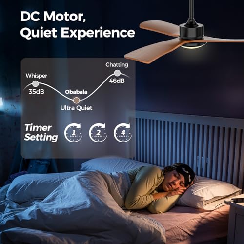 Image of Obabala 52 Inch Ceiling Fan with Light and Remote,Solid Wood Blades, DC Motor Quiet 35dB, Dimmable LED Reversible for Bedroom Living Room Indoor Outdoor, 6 Speed Timer Downrod