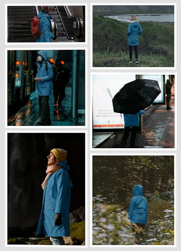 ATLASLAVA Regenjacke Damen Lang Wasserdicht Kapuze Regenmantel übergangsjacke Trenchcoat Outdoor Mantel Petrolblau M