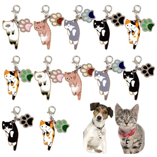 DELORIGIN 10pcs Cute Cat Shape Pet Collar Pendants for Cat Dog Enamel Hanging Charms with Lobster Claw Clasps Kitten Keychains Cat Design Clip-on Charms for Pet Bags Keychains Phones Birthday Decor