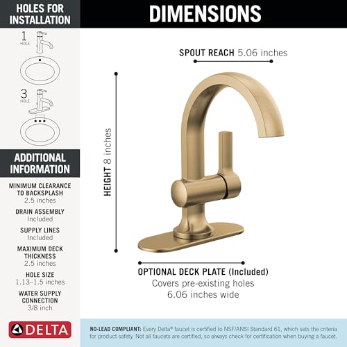 Delta Faucet Albion Single Hole Bathroom Faucet, Gold Single Handle Bathroom Faucet, Bathroom Sink Faucet, Metal Push Pop-Up Drain Assembly, 1.2 GPM Flow Rate, Champagne Bronze 15855LF-CZ by DELTA - Image 4