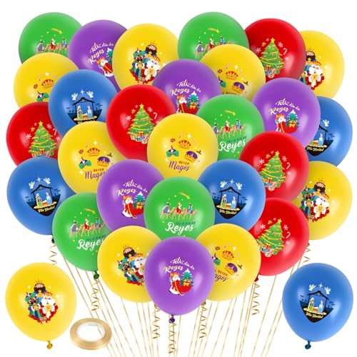 Augshy 30 balões reis mágicos, balões de feliz Natal, decoração de reis mágicos, ornamentos de Natal, vermelho, verde e dourado, balões de festa para festas de aniversário decoração de ano novo
