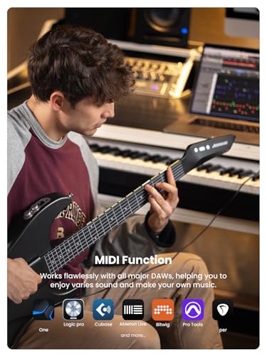 Image of AeroBand Guitar Smart Guitar With Silicone Strings, Travel Silent Guitar With Detachable Fretboard, Headphone Jack, Built-in Speaker and Drum system, Aeroband APP Play, MIDI (White with Bag)